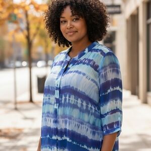 Chico's Jillian Sheer Blue Tie-Dye Cuffed Elbow Sleeve Top Tunic Cover-up XL